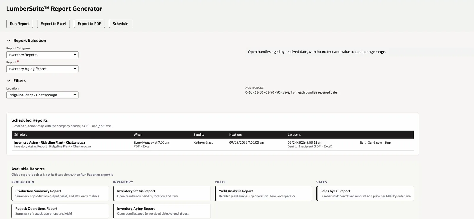 LumberSuite Report Generator with the Inventory Aging Report selected for the Ridgeline Plant, a Scheduled Reports row for every Monday at 7:00 am as PDF and Excel, and the available reports by category