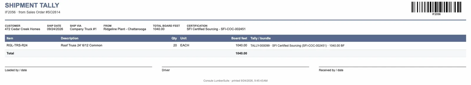 Shipment Tally IF2056 for Cedar Creek Homes: 20 roof trusses, 1,040 board feet, with SFI Certified Sourcing SFI-COC-002451 in the header and on the line for bundle TALLY-000099, and signature lines