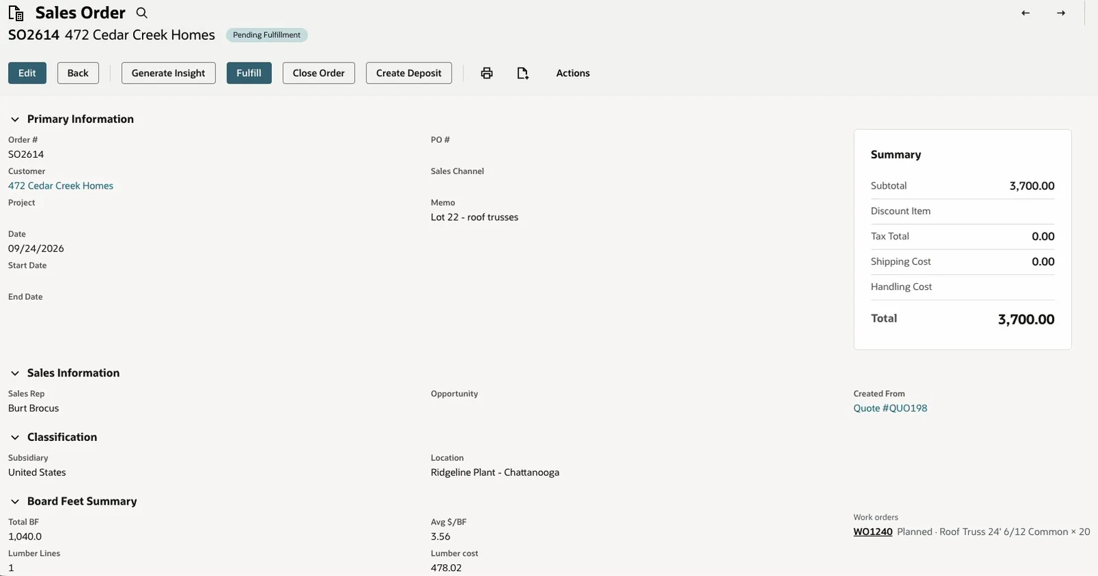 NetSuite sales order SO2614 for Cedar Creek Homes, created from quote QUO198, with the LumberSuite Board Feet Summary linking work order WO1240 for 20 roof trusses
