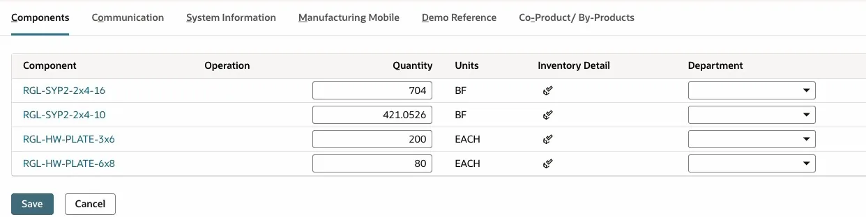 NetSuite Work Order Issue components with 704 BF of 2x4x16 lumber, 421.0526 BF of 2x4x10 and two truss plate lines