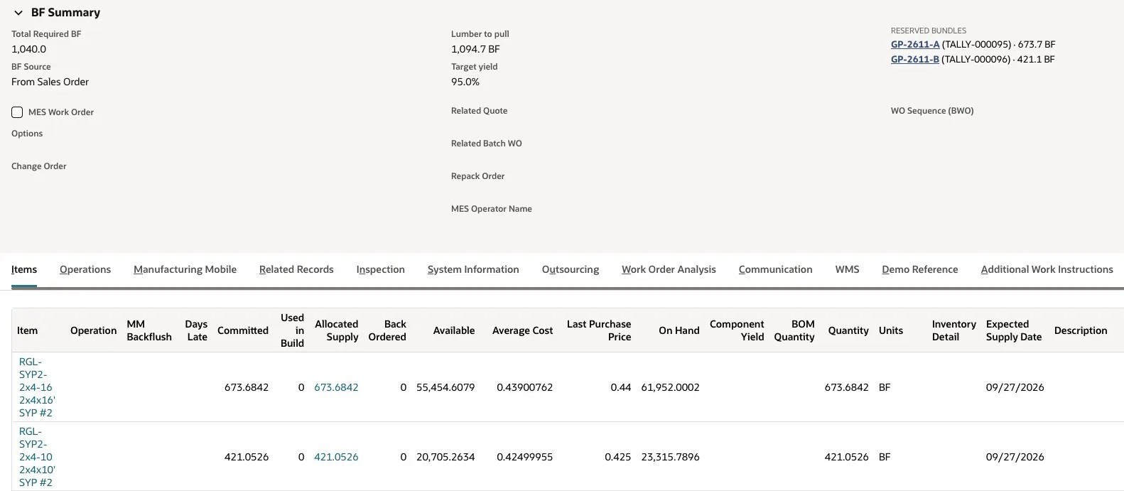 Work order WO1240 BF Summary: Total Required BF 1,040.0 from the sales order, Lumber to pull 1,094.7 BF, target yield 95.0%, and reserved bundles GP-2611-A and GP-2611-B, above lumber lines of 673.6842 and 421.0526 BF