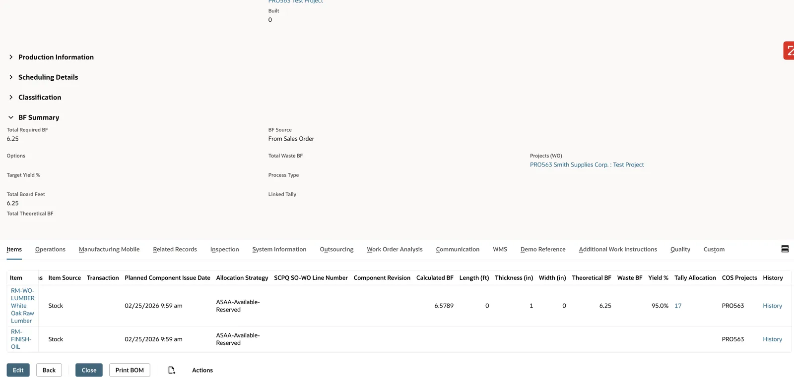 Work order component with tally allocation
