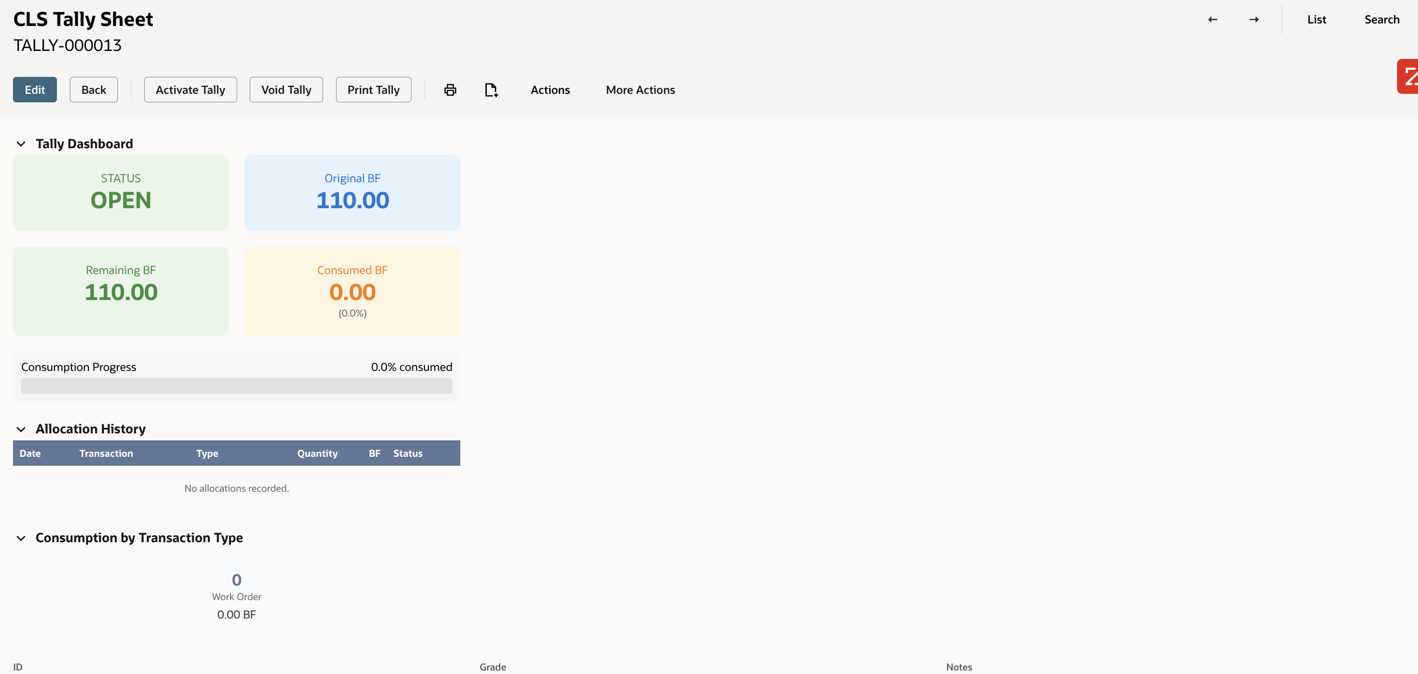 Tally sheet in OPEN status