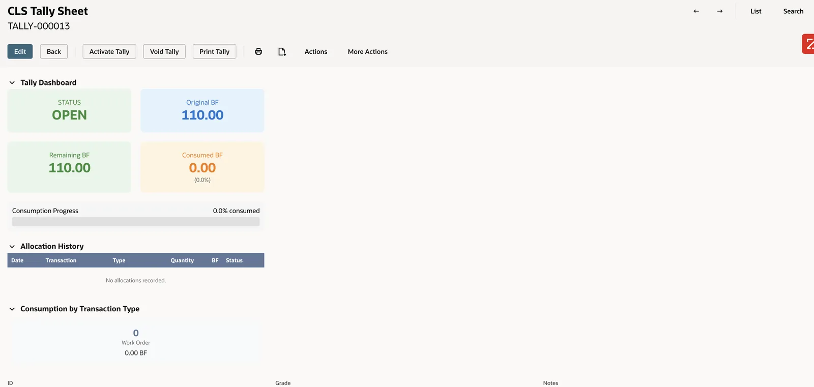 Tally sheet in OPEN status