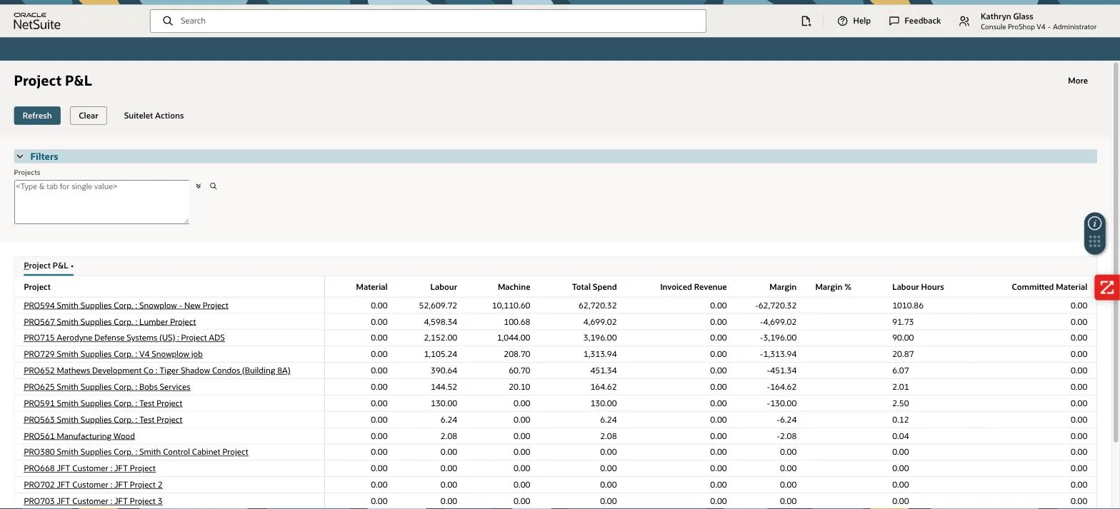 Project P&L suitelet before the release, with Material and Committed Material columns reading 0.00 for every project