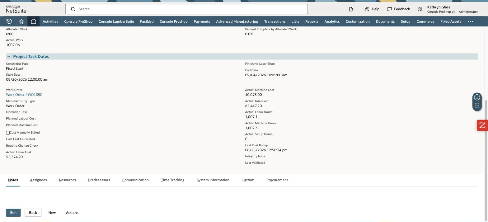 Work order project task showing rolled-up actual labor cost 52,374.20, actual machine cost 10,073.00 and actual total cost 62,447.20