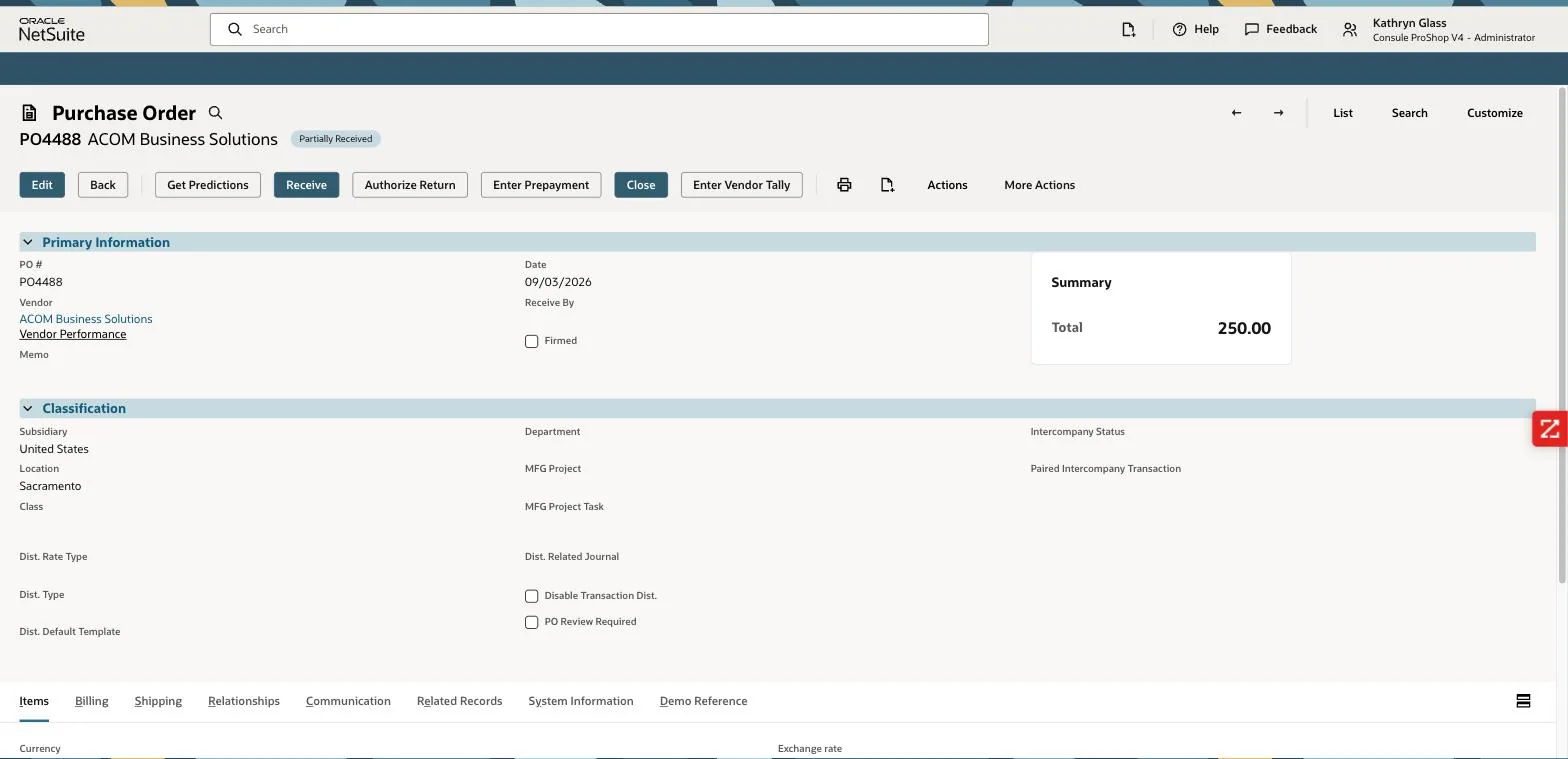 Purchase order PO4488 header for vendor ACOM Business Solutions with status Partially Received and total 250.00