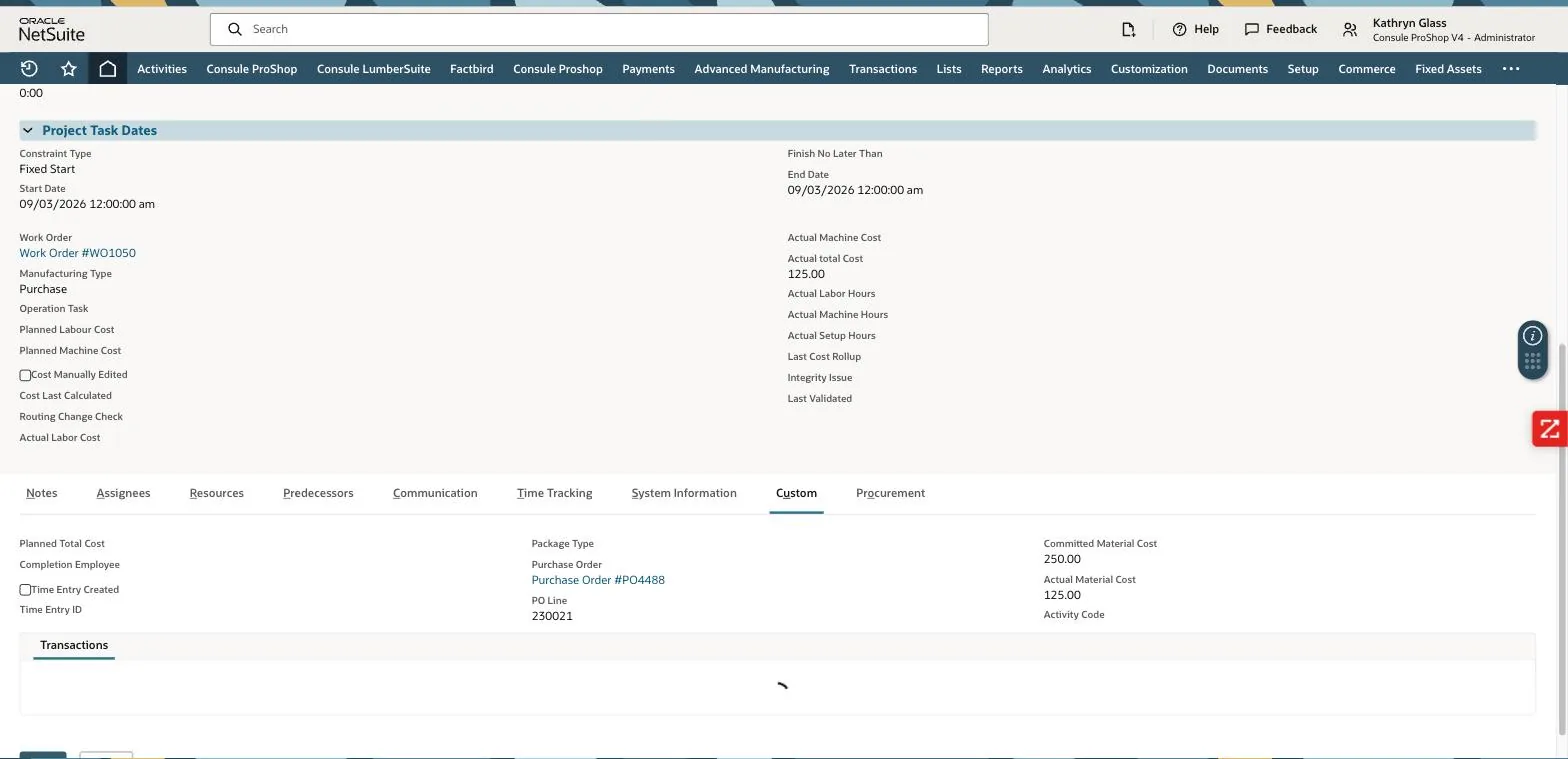 Project task with Manufacturing Type Purchase, linked to Purchase Order PO4488 and PO Line 230021, showing Committed Material Cost 250.00 and Actual Material Cost 125.00