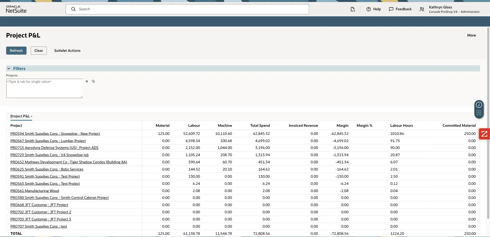 Project P&L suitelet showing Material 125.00 and Committed Material 250.00 for project PRO594, with invoiced revenue still zero