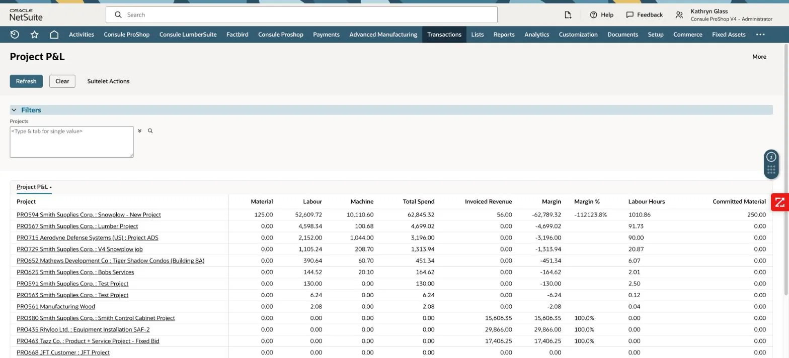 Project P&L suitelet with all columns populated: material, labor, machine, total spend, invoiced revenue, margin, margin percent, labor hours and committed material