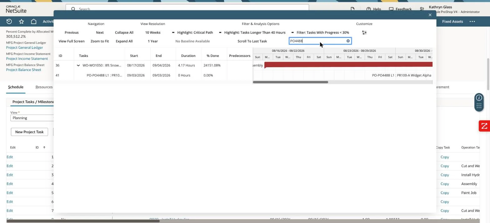 Gantt chart filtered to PO4488 showing the purchase task PO-PO4488 L1 nested beneath work order task WO-WO1050