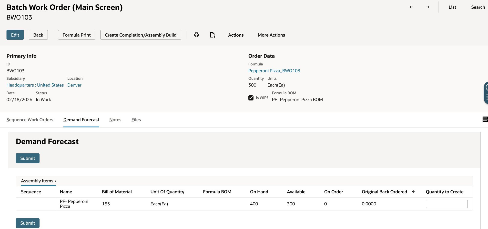 BatchWizard demand forecast