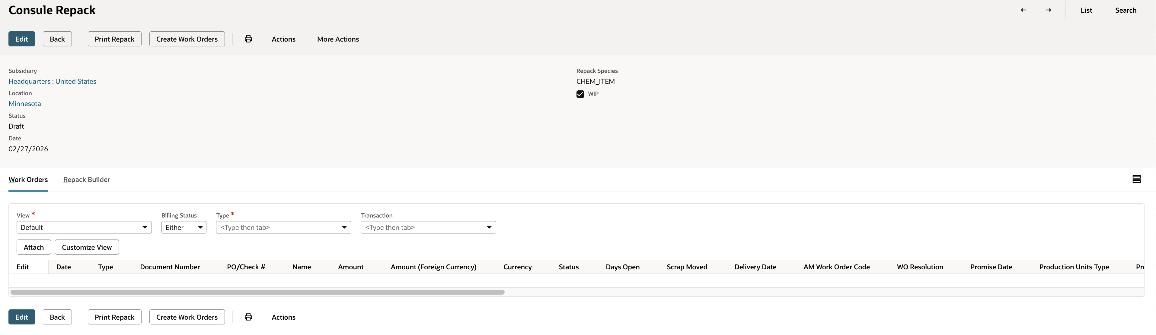 Repack Orders review before WO creation