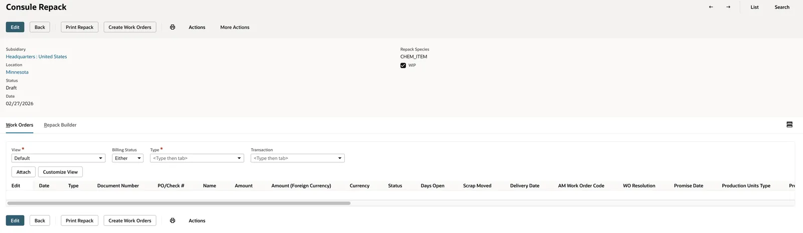 Repack Orders review before WO creation