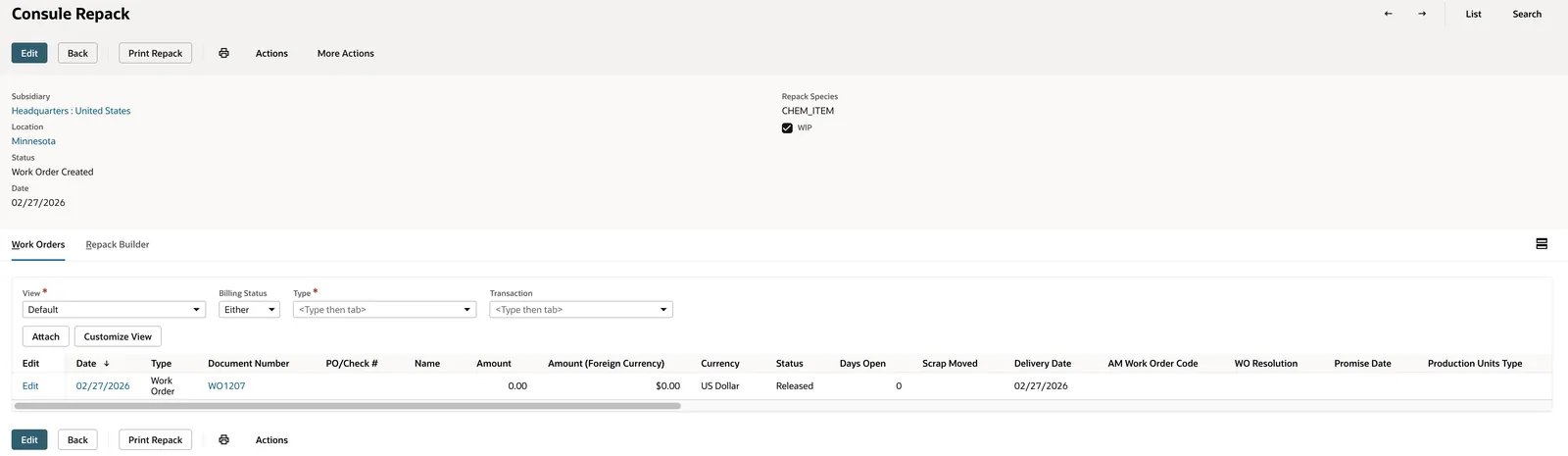 Repack Orders work order created